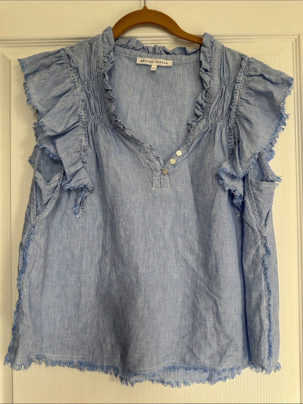 Rebecca Taylor Light Blue Pinstripe Ruffle Sleeve Blouse